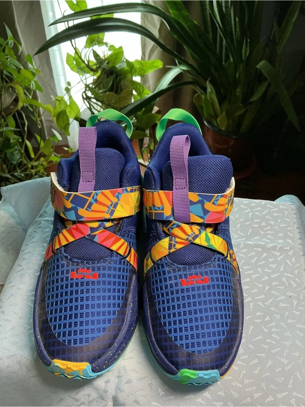 Nike Kids LeBron Navy Sneakers with Multicolor Straps